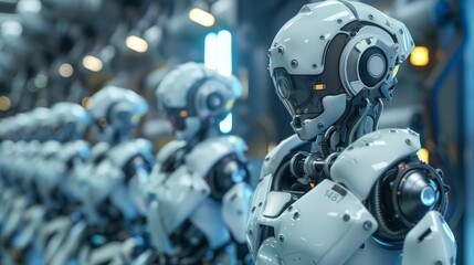 Fototapeta premium The image shows a group of humanoid robots standing in a row