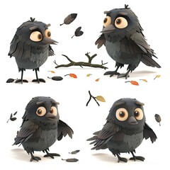 Little Crow Bird Cute character multiple posses and expression children's book illustration style