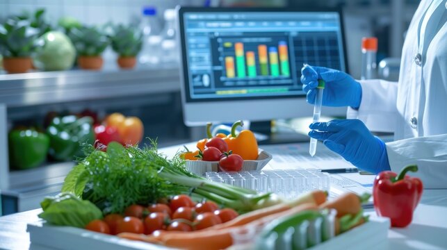 Researchers inspecting vegetables and fruits in office.