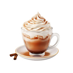 Cup of Hot Coffee with Whipped Cream on Top Isolated on Transparent Background, PNG, Cut Out.