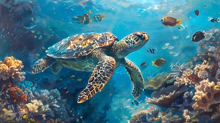 Obraz premium graceful sea turtle gliding underwater , sea turtle gliding in ocean