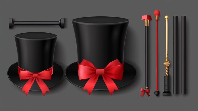 An illusionist hat and magic wand. A golden stick and black cylinder for tricks, and a 3D high cap with a red ribbon.