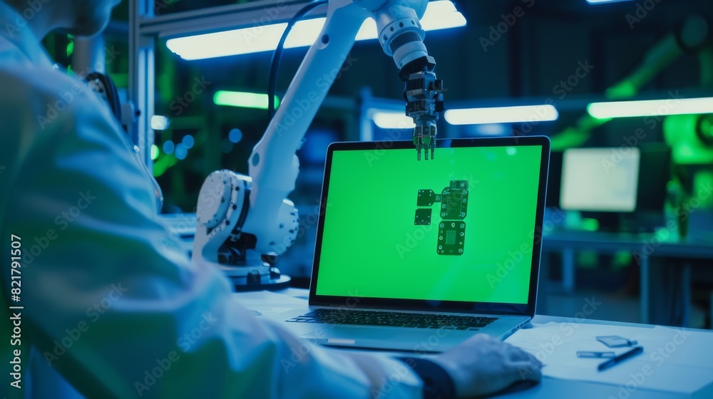 Poster an engineer working on a laptop with a green screen mock-up display screen. robotic arm holding a mi