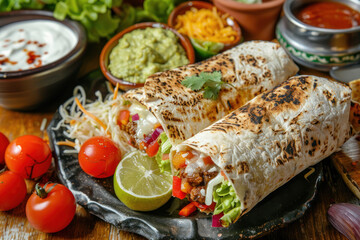 Stuffed Burritos with Ground Beef, Fresh Vegetables, and Guacamole on a Rustic Plate