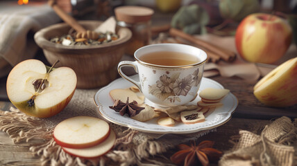 Decorative cup of tasty apple tea on the table