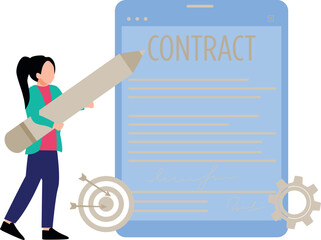 The girl is signing the contract.