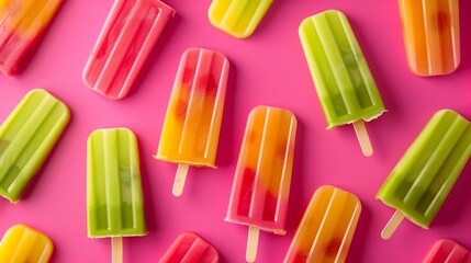 Colourful pattern of ice cream popsicles, colorful posicles flat lay on a pink background, top view of popsicles on a pink background, minimal flat lay summer ice cream dessert wallpaper, AI generated