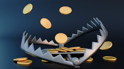 3d rendering of a metal bear trap and pile of gold coins 