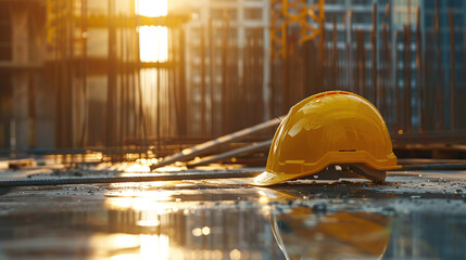 Yellow hard safety hat on the ground of conctruction area with sun flare.
