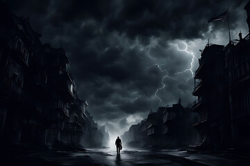Silhouette of a person against a stormy sky with dark clouds looming over buildings