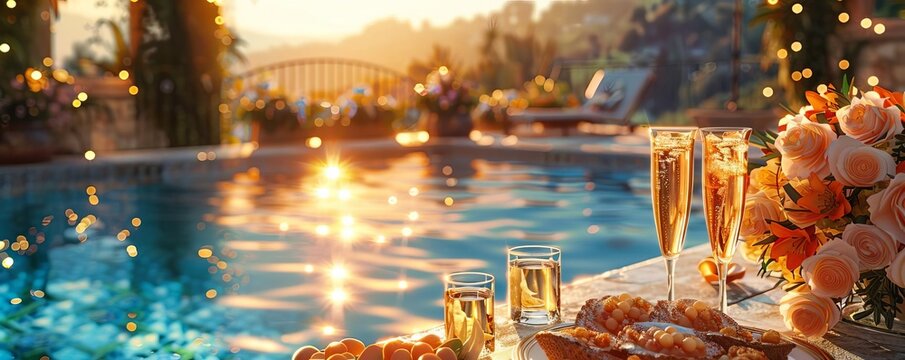 Elegant pool party with sophisticated decor and gourmet snacks, warm sunset hues, oil painting, luxurious and refined
