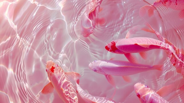 Close up view, flickering Pink koi Fosh, light tones, Whirlpool, transparent light pink water.