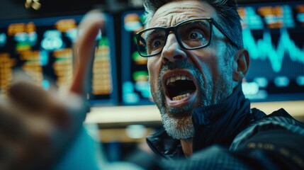 Fototapeta premium Professional Trader Taking Orders on a Stock Exchange. Middle-aged man shouting, signaling orders for company shares and commodities at an open outcry arbitrage.