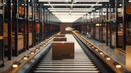 Obraz premium An automated conveyor belt sorting mechanism in a logistics center. An automatic engineering solution that handles and prepares packages for delivery to clients.