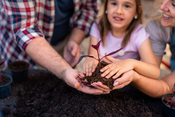 Close-up of a mother’s hands holding soil as father and daughter plant a young seedling together, embodying family collaboration and love for gardening.