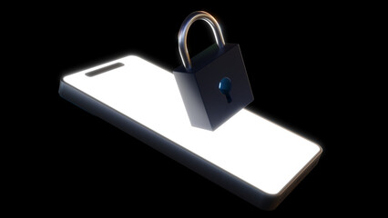 3d rendering of a  smartphone and A black padlock with a keyhole is floating on top of the center of the phone