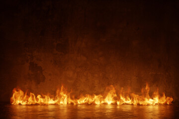 Grunge wall with horizontal blazing fire. 3D Rendering
