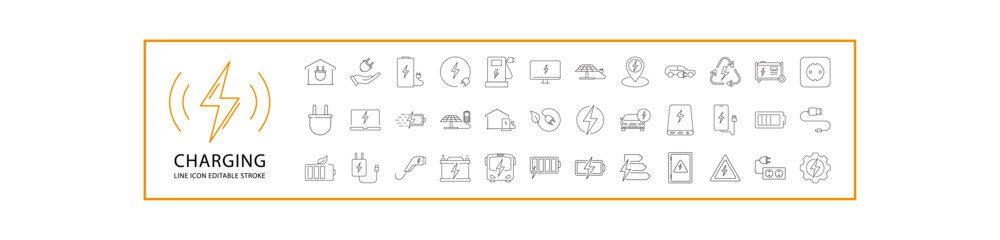 Charging icons. Charging Icon set. Charging line icons. vector Illustration. Editable Stroke.