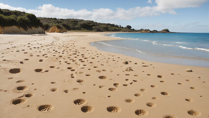 The image is of many footprints in the sand on a beach, with the ocean in the background.

