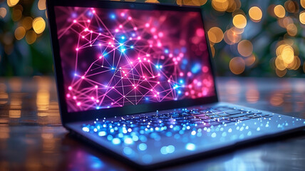 Close up computer laptop with hologram data background.