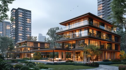 The image shows a modern residential complex with a lot of greenery