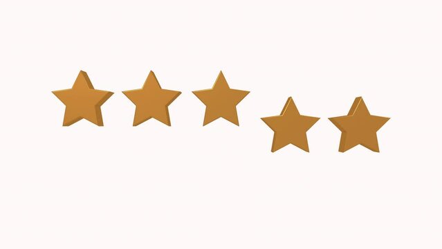 Set of 3d five yellow stars. Five-star rating on alpha channel background. Star moving from bottom and rotating. Gold stars score. Concept of product quality, feedback and customer review.