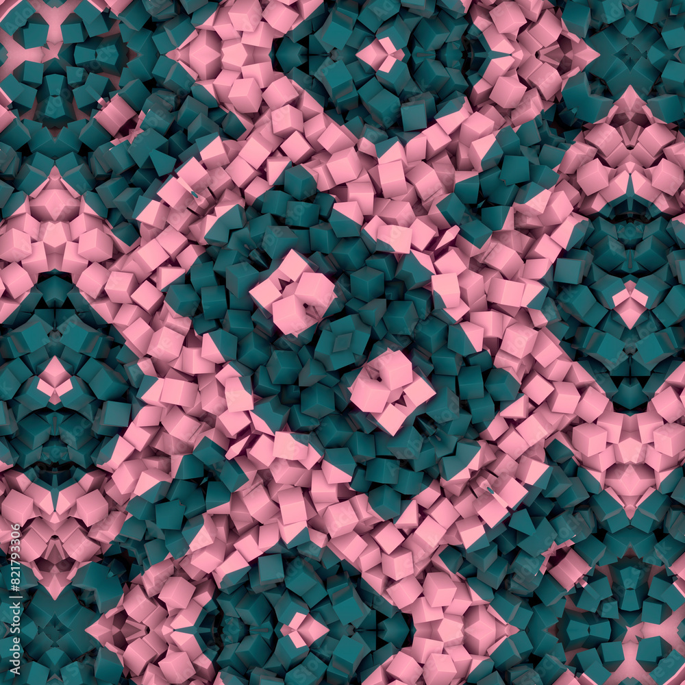 Poster Digital illustration with simple symmetrical geometric pattern consisting of many small cubes. 3d rendering