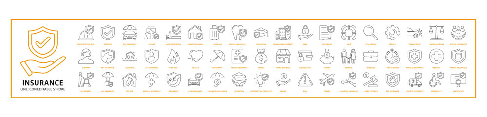 Insurance Icons. Insurance Icon Set. Insurance Line Icons. Vector Illustration. Editable Stroke.