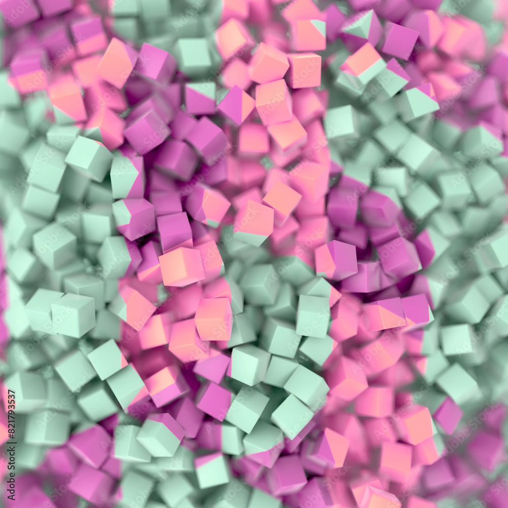 Poster A geometric pattern of randomly arranged cubes in various pastel colors. 3d rendering digital illustration
