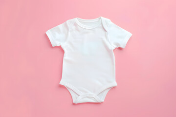 Blank white cotton baby short sleeve bodysuit top view isolated on pastel pink background