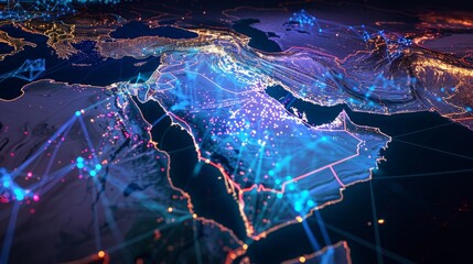 An abstract representation of Saudi Arabia, Middle East, and North Africa underlines global network connectivity. The map emphasizes data transfer, cyber technology
