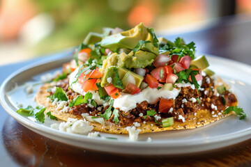 Loaded Mexican Tostada with Ground Beef, Avocado, Sour Cream, and Fresh Salsa