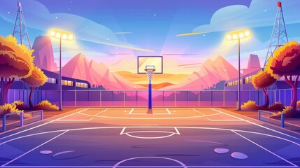 Basketball court with hoop and markings on ground, stadium area illuminated by sunlight on lovely sunset summer landscape Cartoon modern illustration.