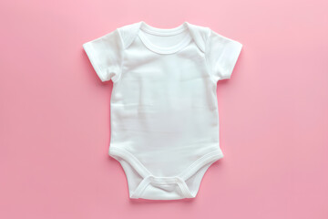 Blank white cotton baby short sleeve bodysuit top view isolated on pastel pink background