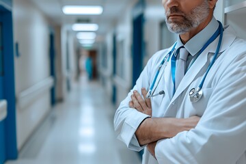 Doctor in hospital corridor, unfocused background