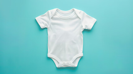 Blank white cotton baby short sleeve bodysuit top view isolated on pastel blue background