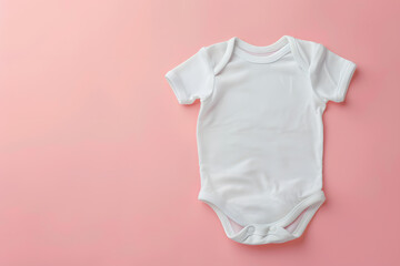 Blank white cotton baby short sleeve bodysuit top view isolated on pastel pink background