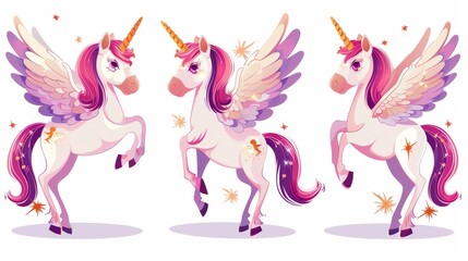 Various poses of a cute unicorn character. Modern set of cartoon cute magic horse with golden horn, purple mane, and sparkles.