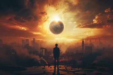 A silhouette of a man standing on a rooftop, watching a dramatic, apocalyptic sunset with a dark planet in the sky.