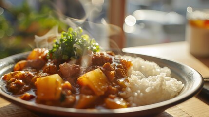 Japanese traditional curry. Rice meat. Food Photography