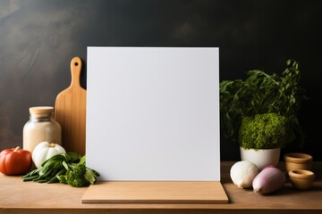Blank flyer on a modern kitchen counter, culinary tools around