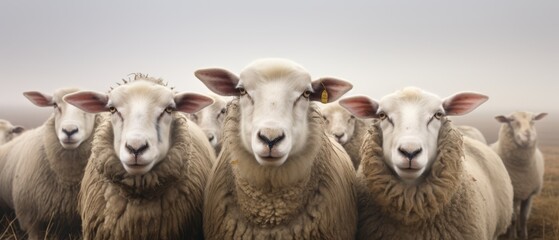 Fototapeta premium A group of sheep huddled together in a foggy morning field