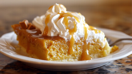 Decadent caramel drizzled pumpkin spice layer cake topped with whipped cream and chocolate shavings