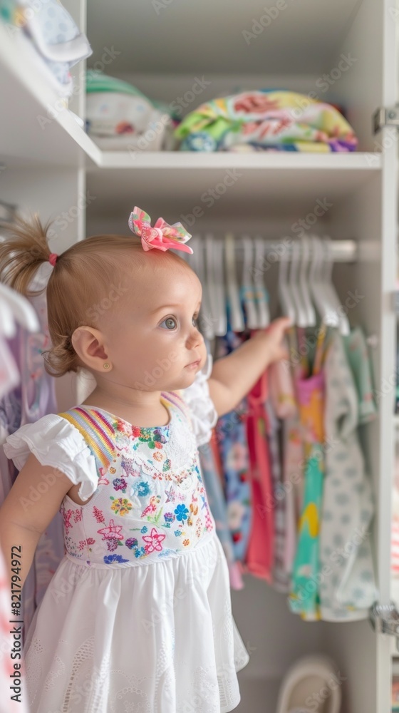 Sticker A little girl is standing in a closet, looking at her clothes