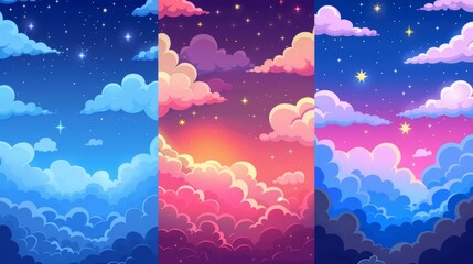 Cartoon backgrounds of blue, pink and starry skies. Graphic interface or gui modern layers of day or morning fluffy spindrift or cumulus eddies.