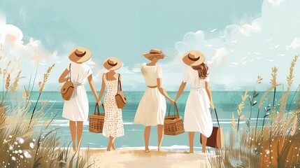 Retrostyle beach picnic with vintage outfits and classic wicker baskets, soft pastel colors, illustration, 1950s vibe, sunny day