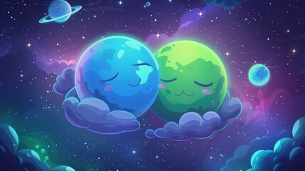 Modern illustration of funny green planet with clouds and satellite embracing in outer space on a background of the cosmos and galaxies.