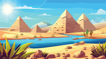 Cartoon desert with ancient Egyptian pyramids and Nil