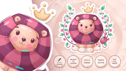 King Lion Cartoon Character. Cute Amimal. Illustration for Kids