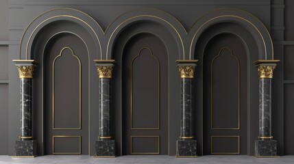 Set of 3d illustration of archways with columns, gates with black marble pillars and gold decoration, palace or castle archways, portals, antique doorways or niches, set of realistic 3d modern